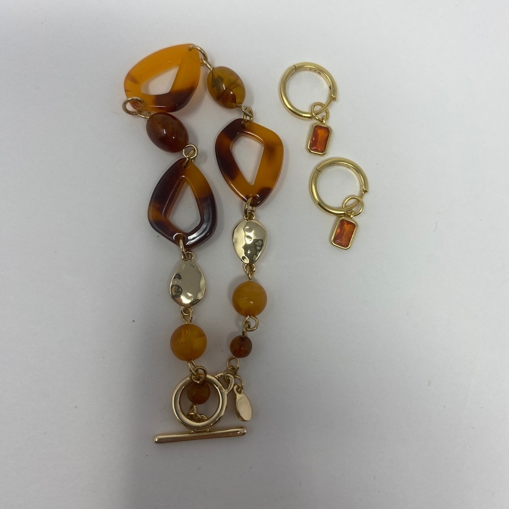 Fashion Bracelet + Earring Tortoiseshell‎ Resin Link Bead Gold Tone Toggle Clasp